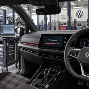 Illustration of a VAG software update in a right-hand-drive vehicle with diagnostic laptop and SOS button